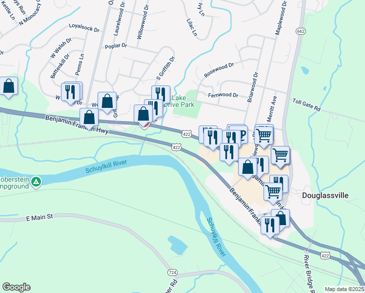 map of restaurants, bars, coffee shops, grocery stores, and more near 1093 Benjamin Franklin Highway in Douglassville