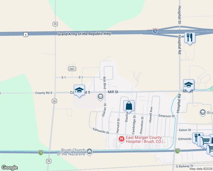 map of restaurants, bars, coffee shops, grocery stores, and more near 905 Bob Boulevard in Brush