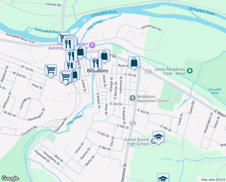 map of restaurants, bars, coffee shops, grocery stores, and more near 208 South Spruce Street in Birdsboro