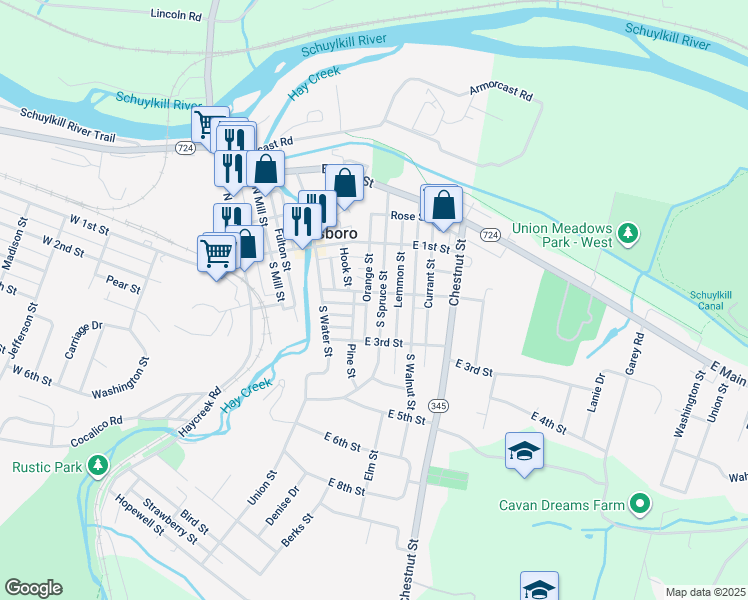 map of restaurants, bars, coffee shops, grocery stores, and more near 208 South Spruce Street in Birdsboro