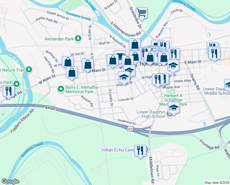 map of restaurants, bars, coffee shops, grocery stores, and more near 244 Maple Street in Hummelstown