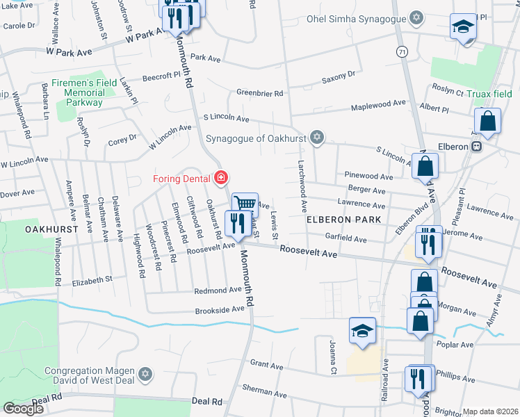 map of restaurants, bars, coffee shops, grocery stores, and more near 203 Lewis Street in Monmouth County