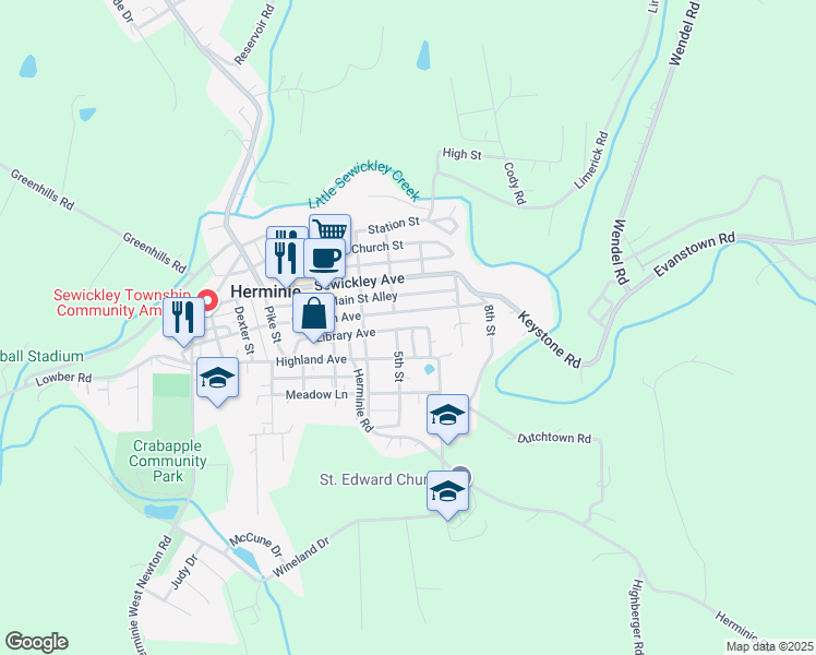 map of restaurants, bars, coffee shops, grocery stores, and more near in Herminie