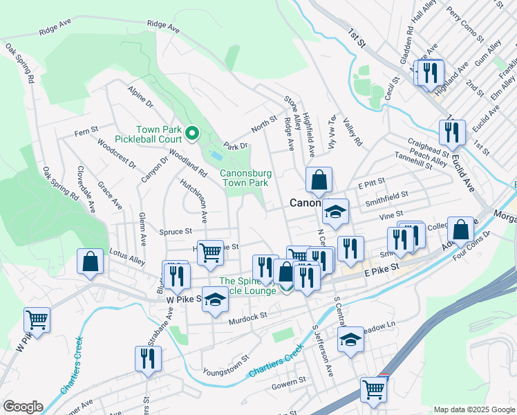 map of restaurants, bars, coffee shops, grocery stores, and more near 444 Crosbie Drive in Canonsburg