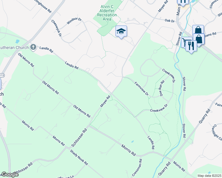 map of restaurants, bars, coffee shops, grocery stores, and more near 343 Landis Road in Harleysville