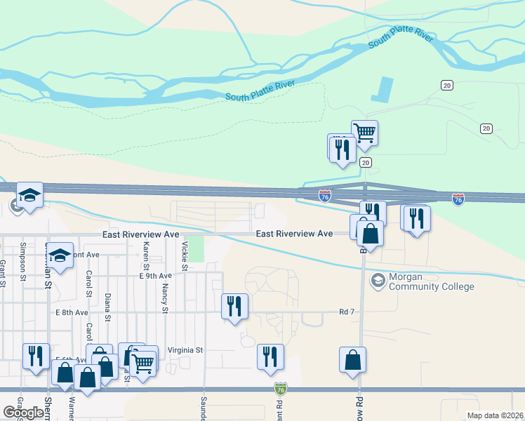 map of restaurants, bars, coffee shops, grocery stores, and more near 1290 Cottonwood Parkway in Fort Morgan