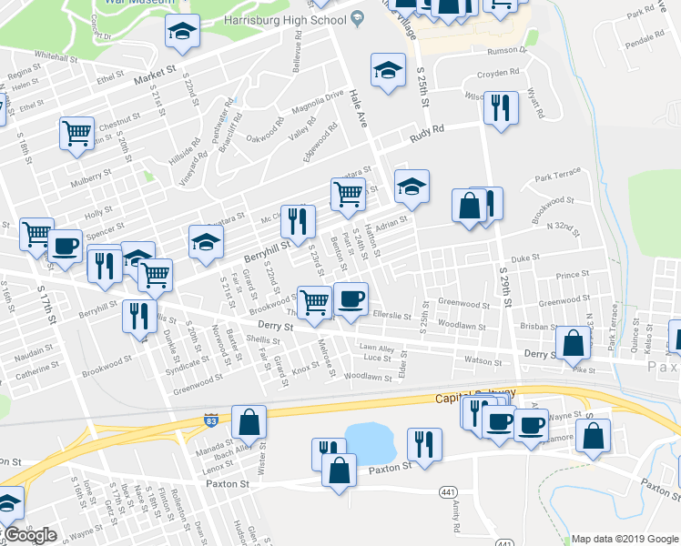 map of restaurants, bars, coffee shops, grocery stores, and more near 2320 Brookwood Street in Harrisburg