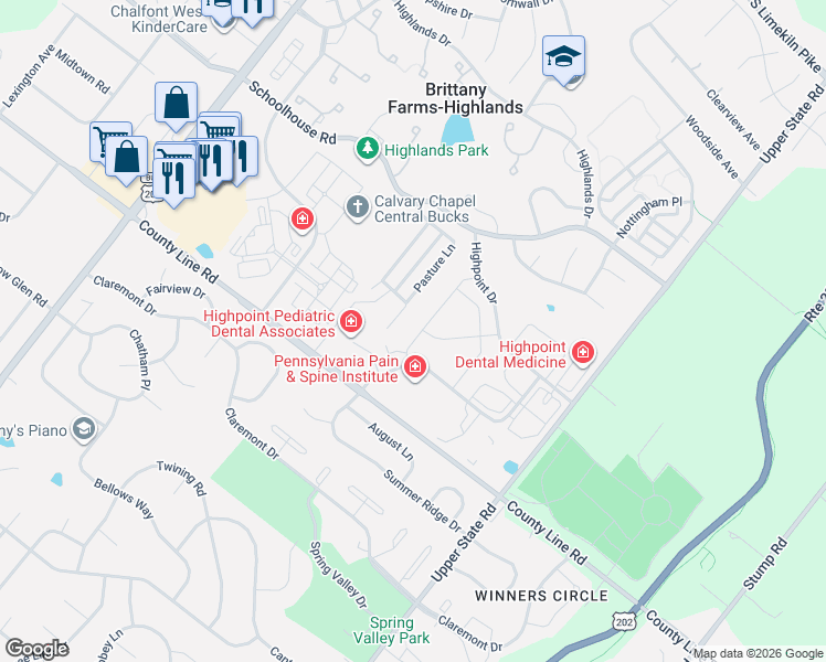 map of restaurants, bars, coffee shops, grocery stores, and more near 31 Pasture Lane in Chalfont