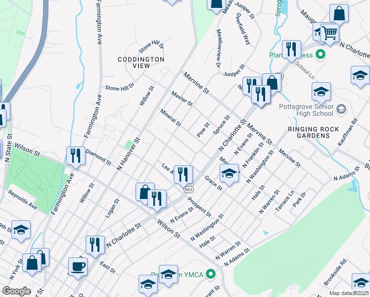 map of restaurants, bars, coffee shops, grocery stores, and more near 254 Maplewood Drive in Pottstown