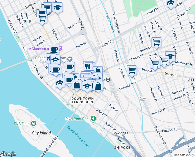 map of restaurants, bars, coffee shops, grocery stores, and more near 400 Market Street in Harrisburg