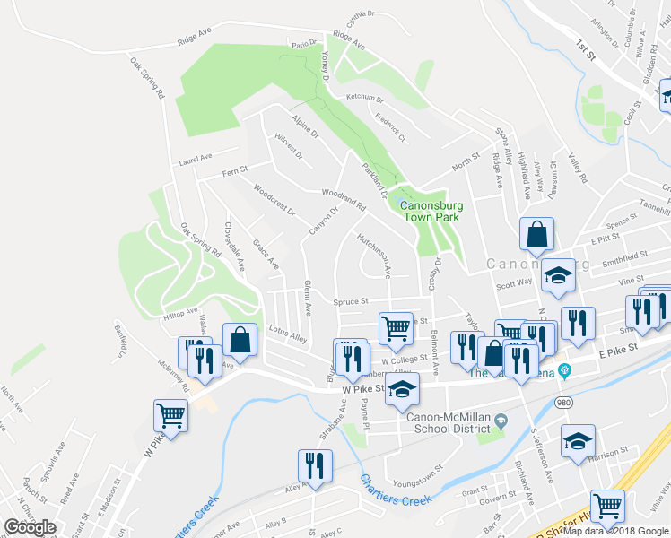 map of restaurants, bars, coffee shops, grocery stores, and more near 418 Bluff Street in Canonsburg