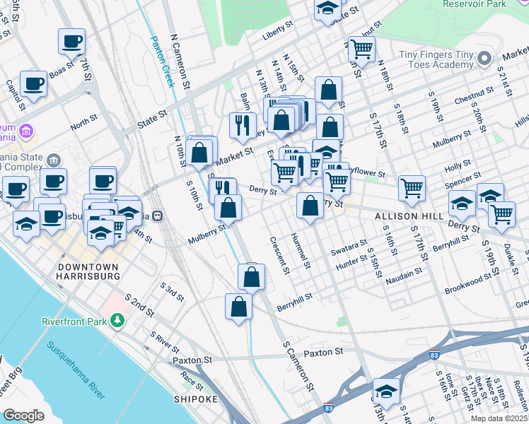 map of restaurants, bars, coffee shops, grocery stores, and more near 1201 Mulberry Street in Harrisburg