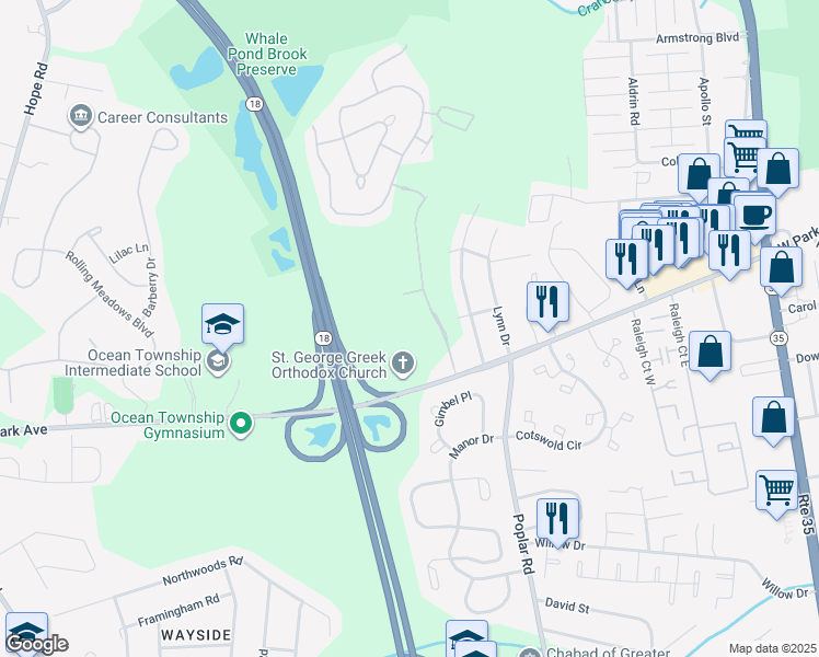 map of restaurants, bars, coffee shops, grocery stores, and more near 20 Hidden Meadows Drive in Ocean Township