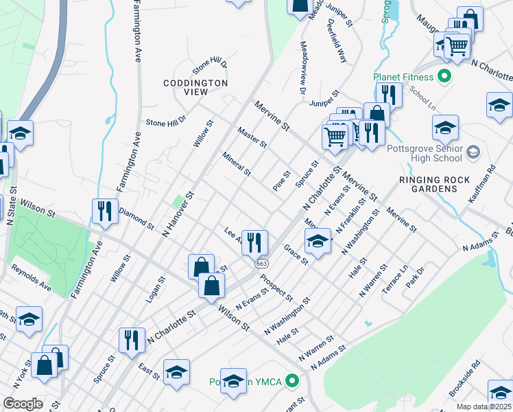 map of restaurants, bars, coffee shops, grocery stores, and more near 254 Maplewood Drive in Pottstown
