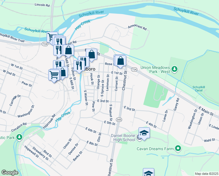 map of restaurants, bars, coffee shops, grocery stores, and more near 202 South Walnut Street in Birdsboro