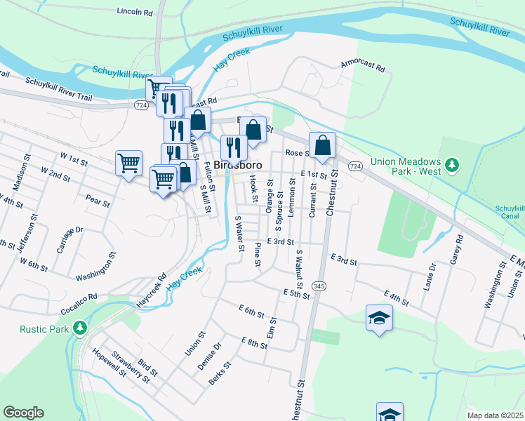 map of restaurants, bars, coffee shops, grocery stores, and more near 519 East 2nd Street in Birdsboro