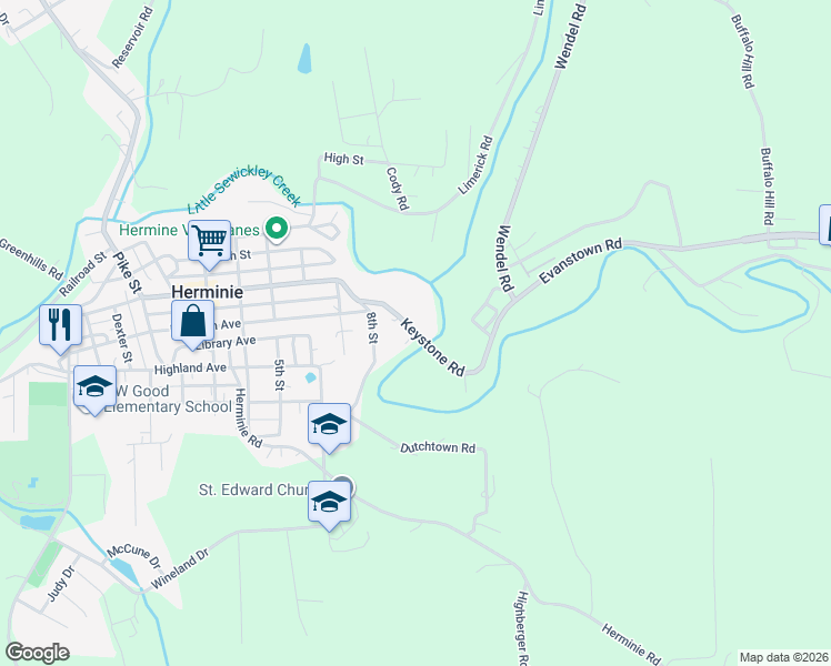 map of restaurants, bars, coffee shops, grocery stores, and more near 126 Keystone Road in Herminie