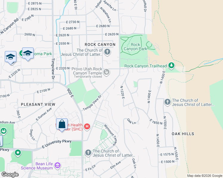map of restaurants, bars, coffee shops, grocery stores, and more near 2094 Temple View Drive in Provo