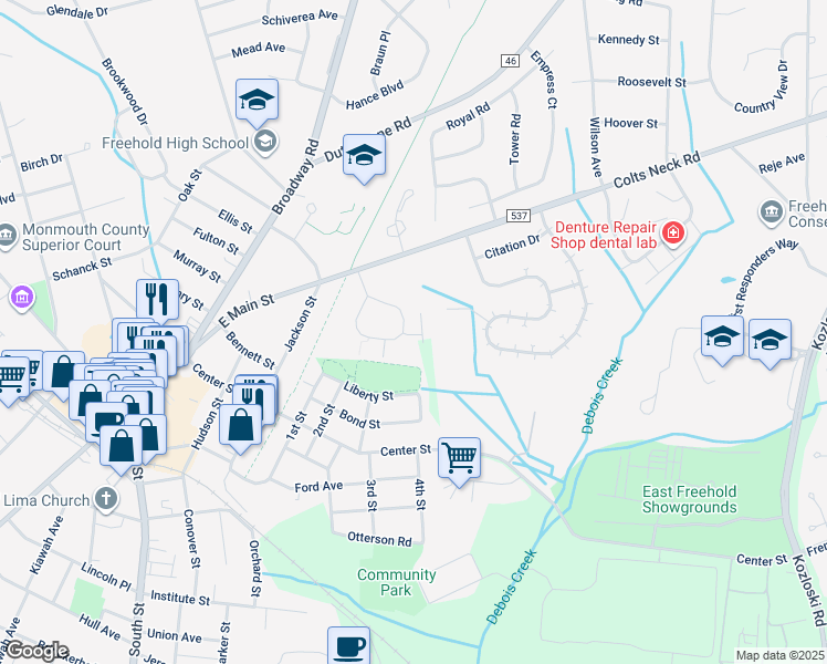 map of restaurants, bars, coffee shops, grocery stores, and more near 717 Zlotkin Circle in Freehold