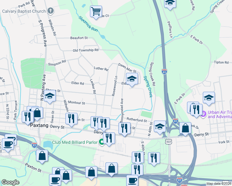 map of restaurants, bars, coffee shops, grocery stores, and more near 441 Rosewood Lane in Harrisburg