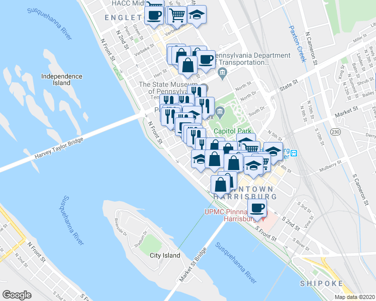map of restaurants, bars, coffee shops, grocery stores, and more near 131 State Street in Harrisburg