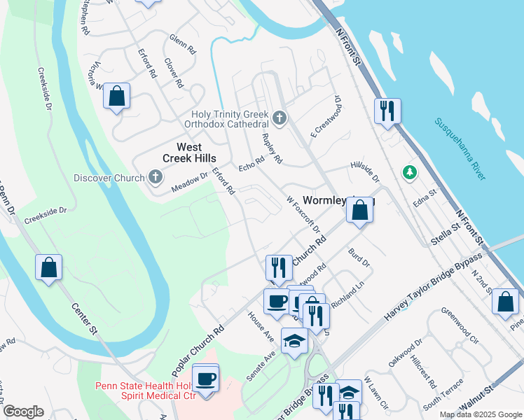 map of restaurants, bars, coffee shops, grocery stores, and more near 158 Erford Road in Camp Hill
