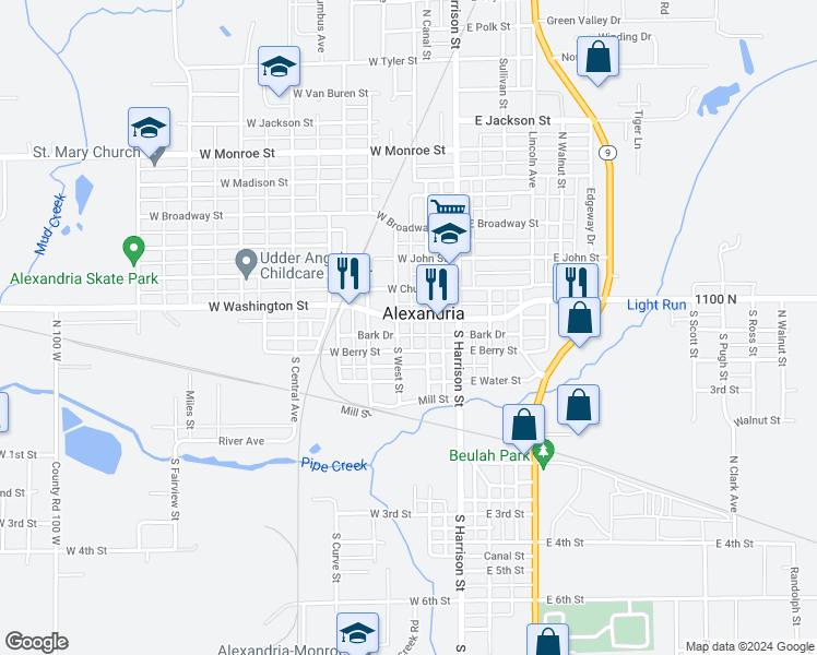 map of restaurants, bars, coffee shops, grocery stores, and more near 103 North West Street in Alexandria
