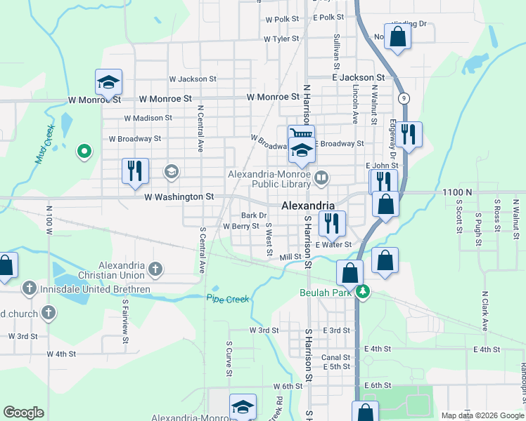 map of restaurants, bars, coffee shops, grocery stores, and more near 103 North West Street in Alexandria
