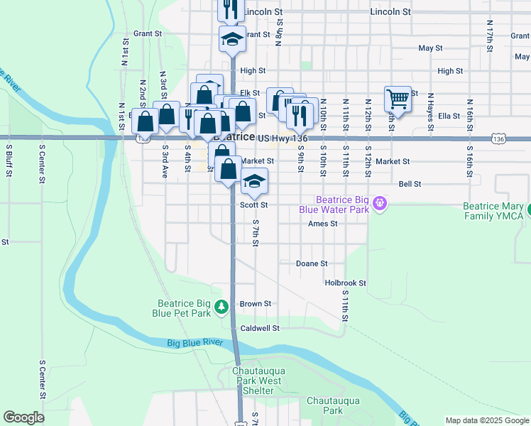 map of restaurants, bars, coffee shops, grocery stores, and more near 400 South 7th Street in Beatrice