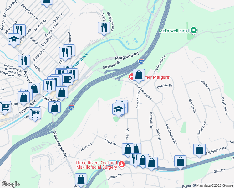 map of restaurants, bars, coffee shops, grocery stores, and more near 138 McClelland Road in Canonsburg