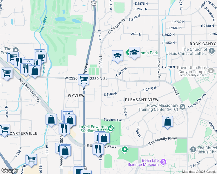 map of restaurants, bars, coffee shops, grocery stores, and more near 220 2190 North in Provo