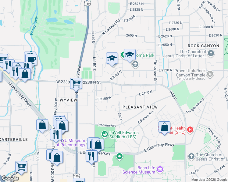 map of restaurants, bars, coffee shops, grocery stores, and more near 2150 North 250 East Street in Provo