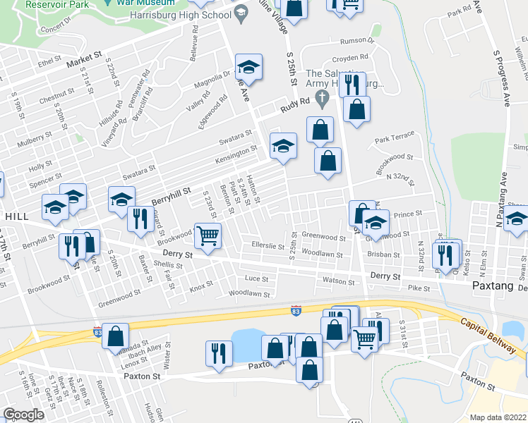 map of restaurants, bars, coffee shops, grocery stores, and more near 606 Fillmore Street in Harrisburg
