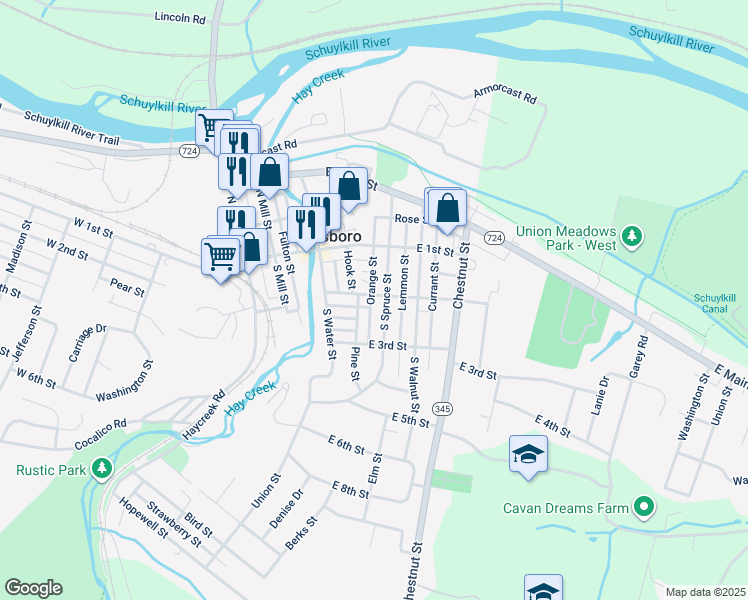 map of restaurants, bars, coffee shops, grocery stores, and more near 532 East 2nd Street in Birdsboro