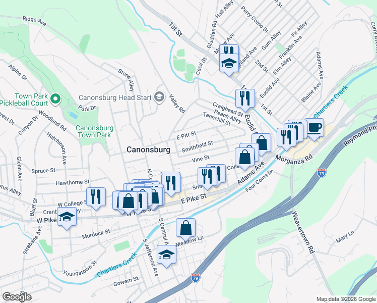 map of restaurants, bars, coffee shops, grocery stores, and more near 132 Smithfield Street in Canonsburg