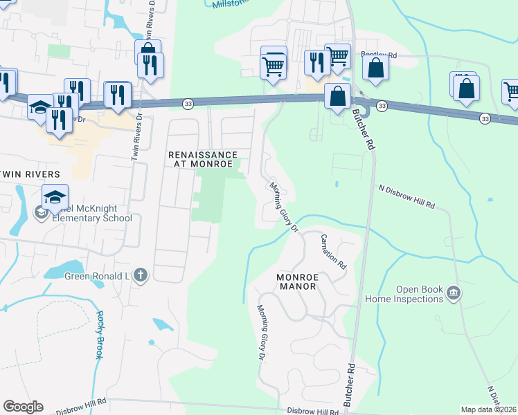 map of restaurants, bars, coffee shops, grocery stores, and more near 1111 Morning Glory Drive in Monroe Township