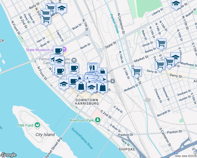 map of restaurants, bars, coffee shops, grocery stores, and more near 400 Market Street in Harrisburg