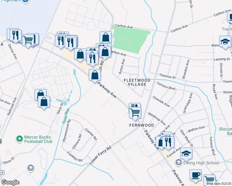 map of restaurants, bars, coffee shops, grocery stores, and more near 29 Dixmont Avenue in Ewing Township