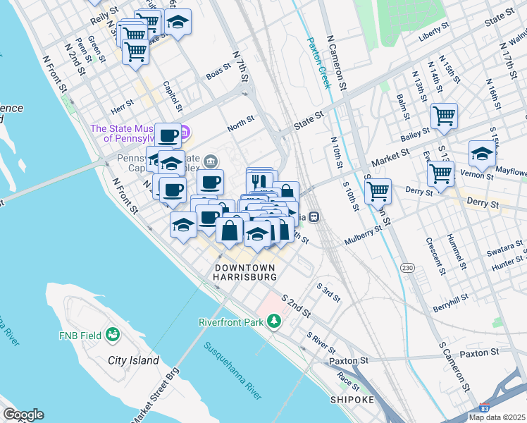 map of restaurants, bars, coffee shops, grocery stores, and more near 17 North 4th Street in Harrisburg