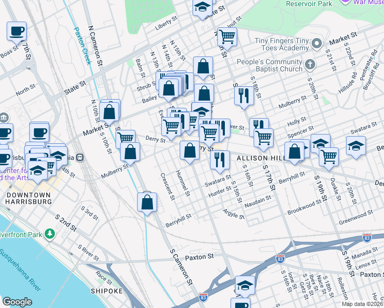 map of restaurants, bars, coffee shops, grocery stores, and more near 1334 Derry Street in Harrisburg