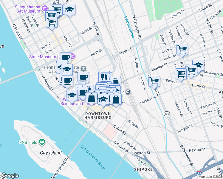 map of restaurants, bars, coffee shops, grocery stores, and more near 400 Market Street in Harrisburg