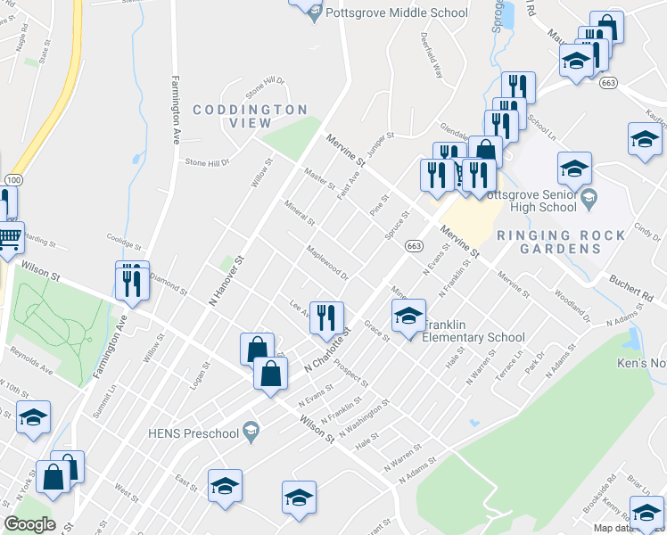 map of restaurants, bars, coffee shops, grocery stores, and more near Maplewood Drive in Pottstown