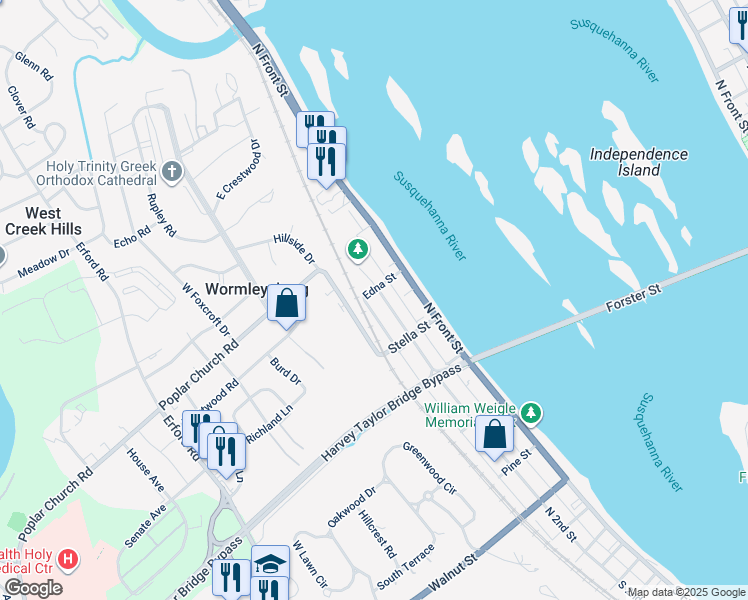 map of restaurants, bars, coffee shops, grocery stores, and more near 662 North 2nd Street in Wormleysburg