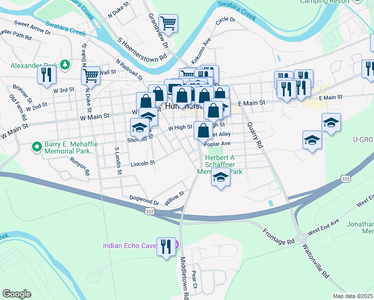 map of restaurants, bars, coffee shops, grocery stores, and more near 161 South Railroad Street in Hummelstown