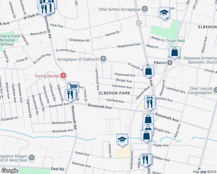 map of restaurants, bars, coffee shops, grocery stores, and more near 291 Lawrence Avenue in Monmouth County