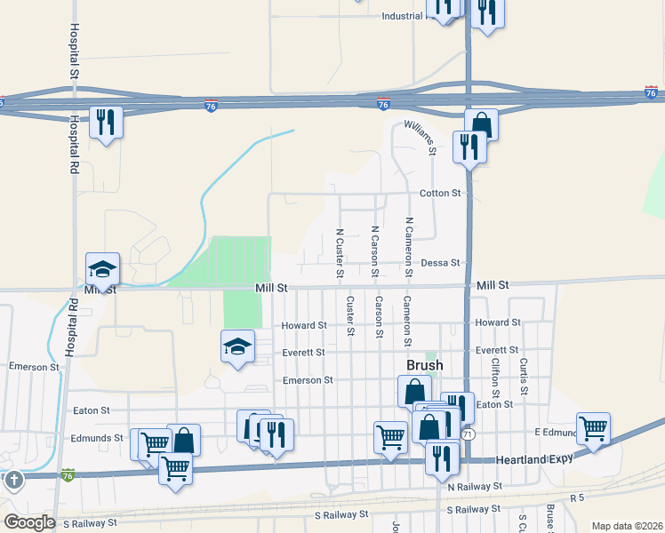map of restaurants, bars, coffee shops, grocery stores, and more near 725 Dessa Street in Brush