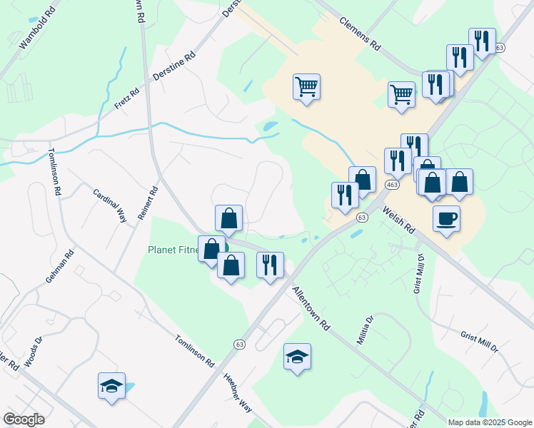map of restaurants, bars, coffee shops, grocery stores, and more near 2003 Pleasant Valley Drive in Lansdale