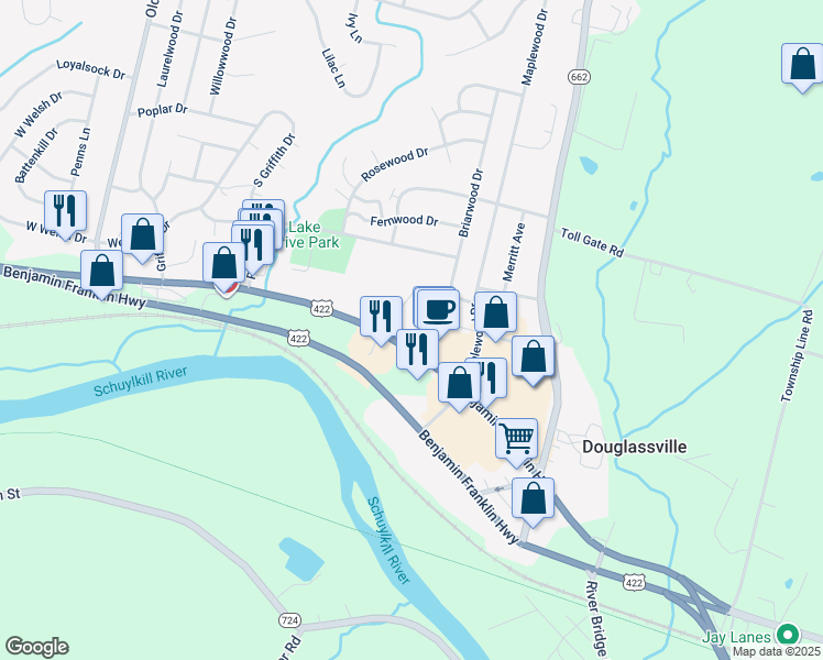 map of restaurants, bars, coffee shops, grocery stores, and more near 1125 Ben Franklin Highway West in Douglassville