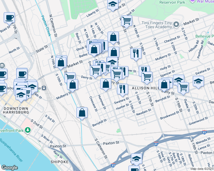 map of restaurants, bars, coffee shops, grocery stores, and more near 1334 Derry Street in Harrisburg