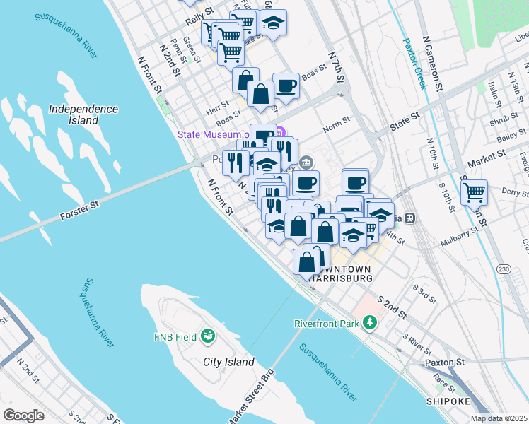 map of restaurants, bars, coffee shops, grocery stores, and more near 131 State Street in Harrisburg